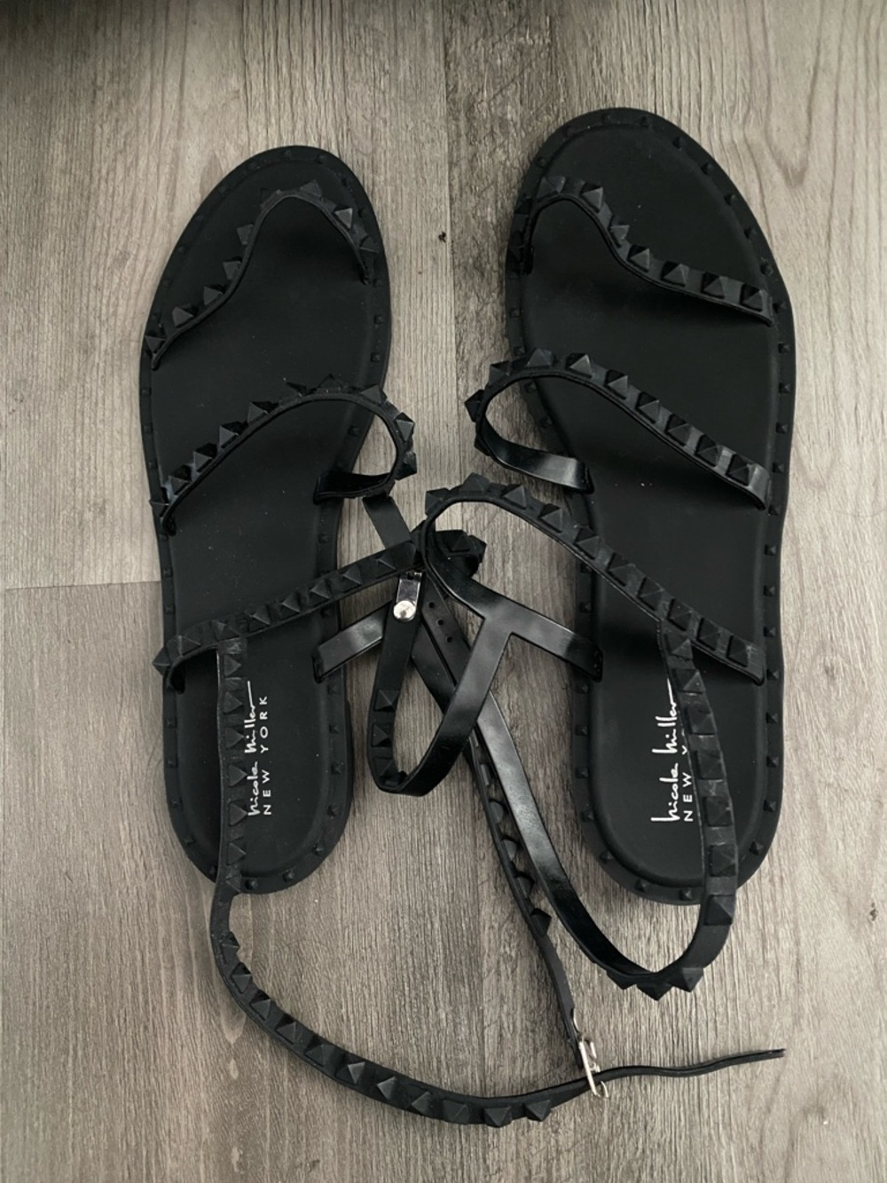 Nicole Miller Black Pyramid-Stud Ankle Tie Sandals